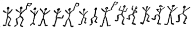 Picture of several figures of dancing men, some holding flags